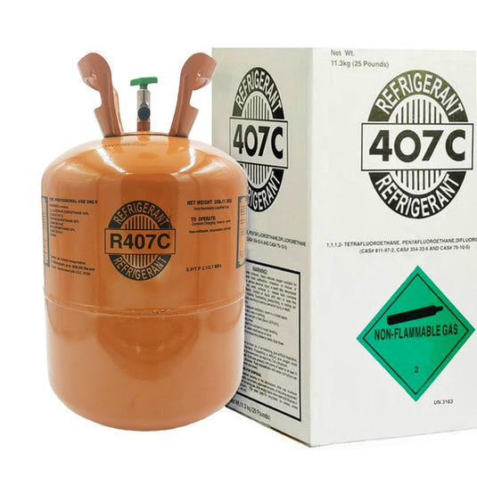 R407C refrigerant product packaging image for HVAC technicians